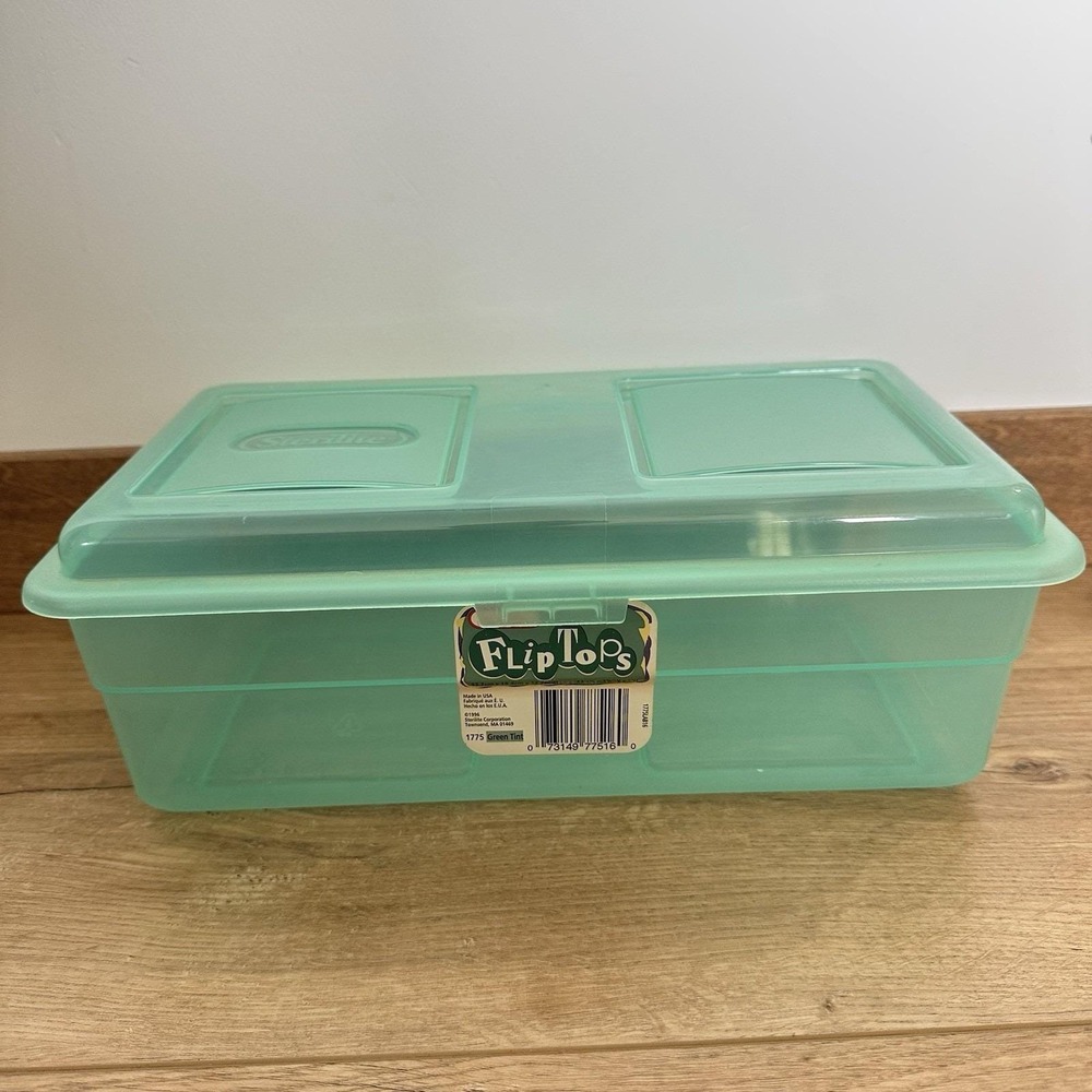 Vintage Sterilite Flip Tops Plastic Storage Container Box Green Tint 1996 Hinged